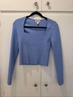 Open Edit Women's Ribbed Square Neck Sweater - Light Blue